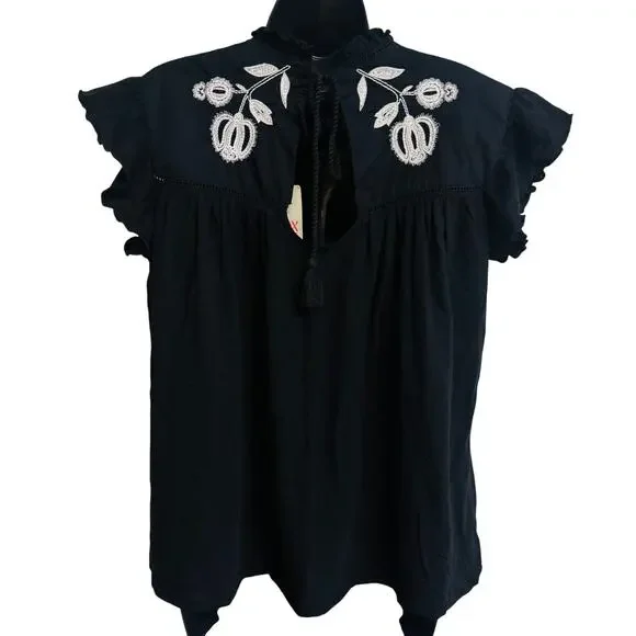 Knox Rose Target Size Medium Top Blouse Black White Cap Sleeve Ruffle Women New - Picture 5 of 9